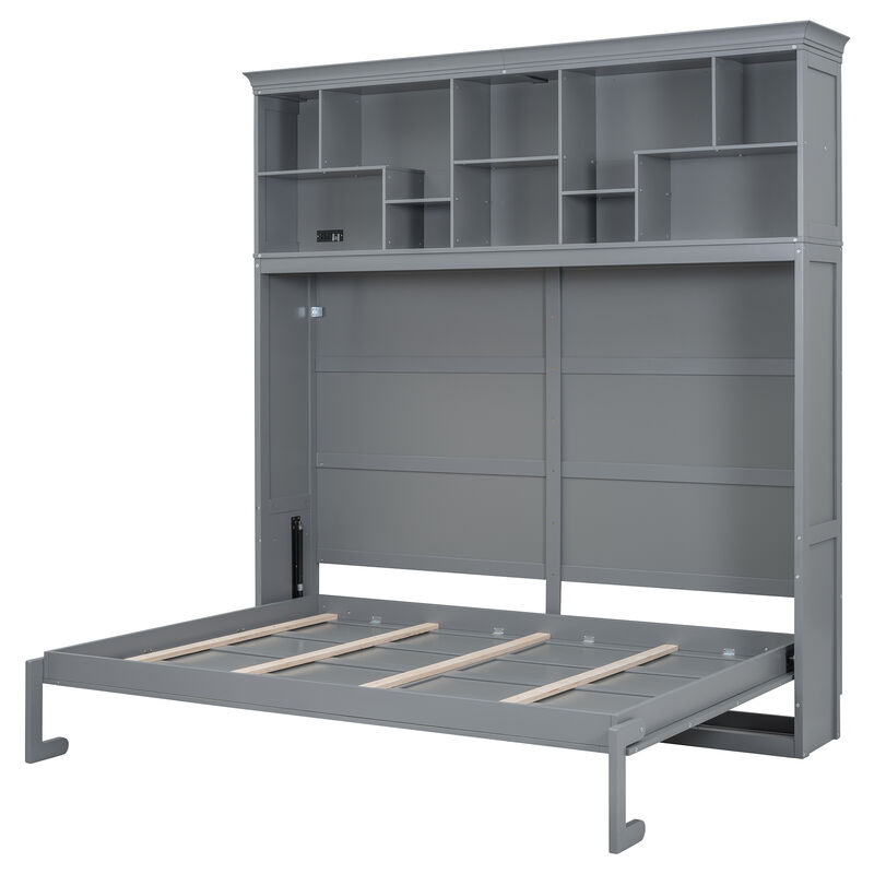 Whisen Modern Design Queen Size Murphy Bed Wall Bed, Folded into a Cabinet with Top Shelves and USB Ports