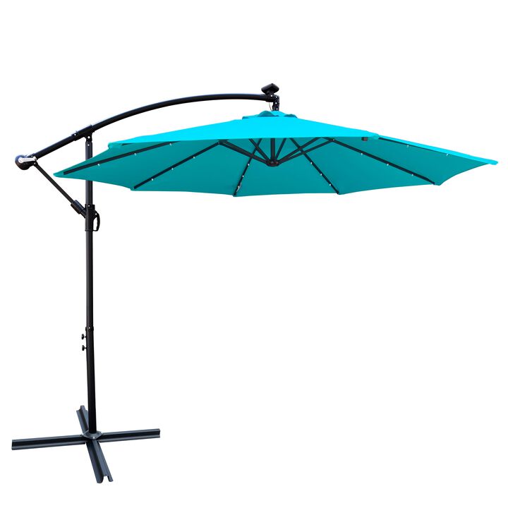 10 ft Outdoor Umbrella Solar Powered LED Light Sun Shade Market Waterproof with Crank and Cross Base