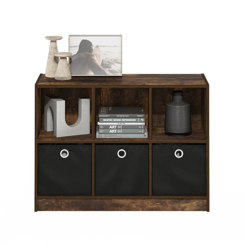 Basic 3x2 Bookcase Storage w/Bins, Amber Pine/Black
