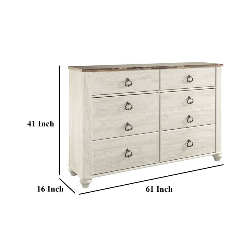 Isla Wide Dresser, 6 Drawers, Brown Wood Finish Top, Rustic Whitewash - Benzara