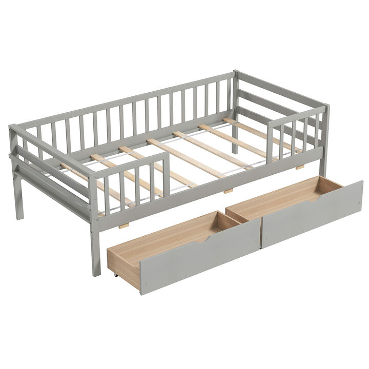 Kids Bedroom Daybed – Bed with Fence and 2 Storage Drawers for Boys & Girls