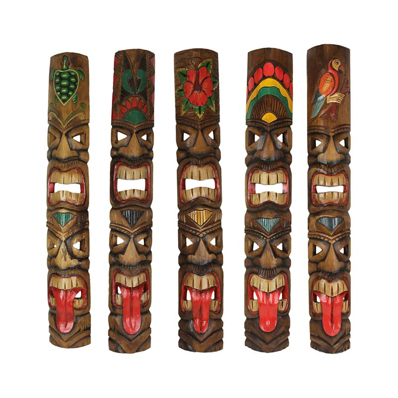 Set of 5 Double Tiki Mask Totem Wall Decor Hand Carved Tribal Sculpture 40 Inch image number 0