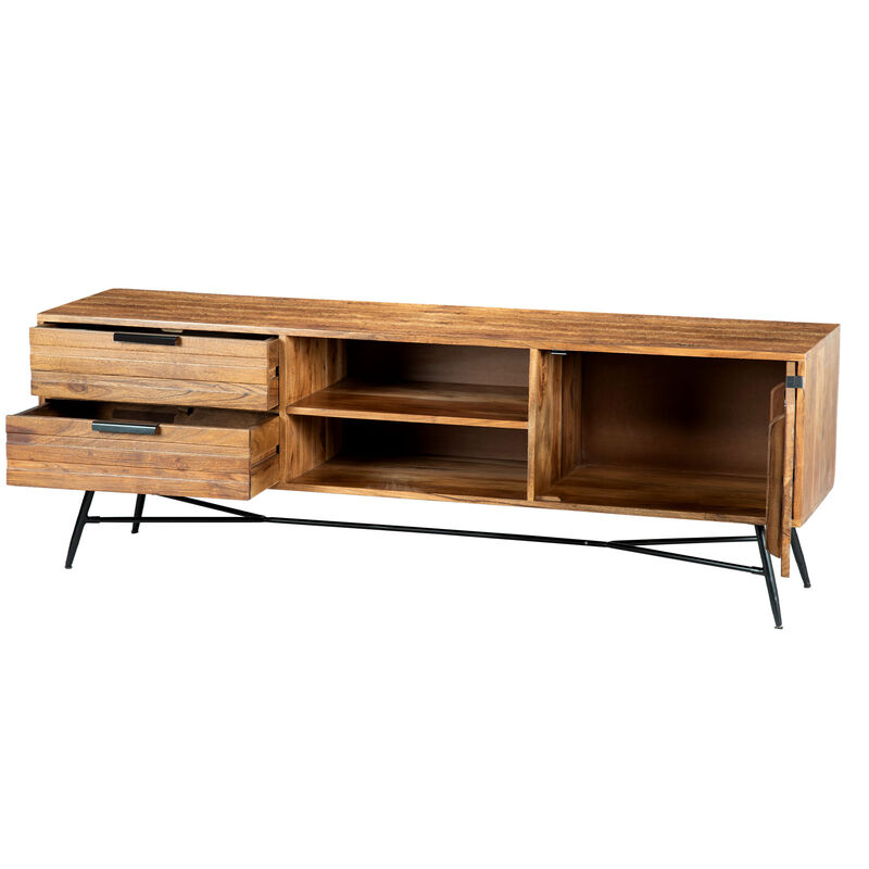 Roomy Wooden Media Console with Slanted Metal Base, Brown and Black-Benzara