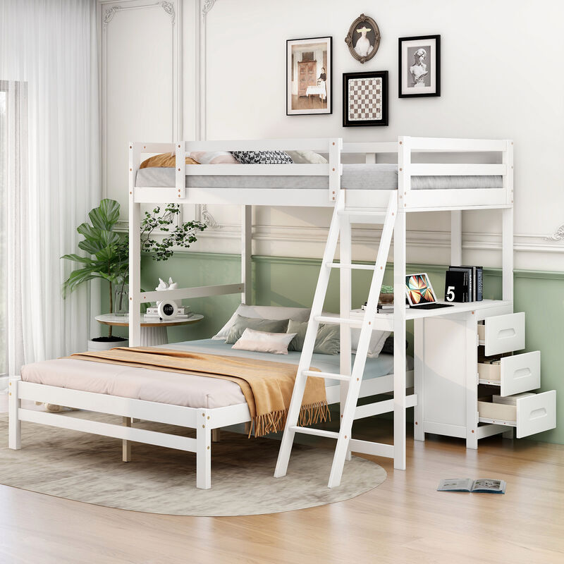 Whisen Morden Design Twin over Full Bunk Bed with Built-in Desk and Three Drawers