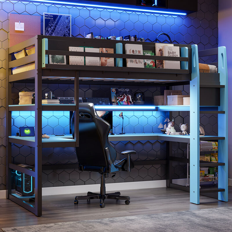 Merax Gaming Wood Loft Bed with RGB LED, USB Ports & Storage Rack image number 2