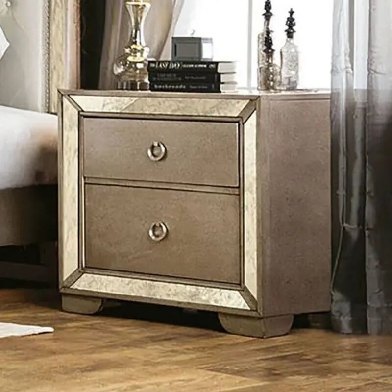Glam Champagne Gray Finish 1pc Nightstand Antique Mirror Panels Ring Pull Handles Bedroom Furniture