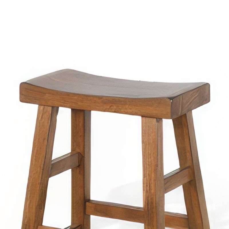 Marv Counter Height Stool Set of 2 | Saddle Seat with Ladder Style Base | Rustic Brown Mahogany Wood - Benzara
