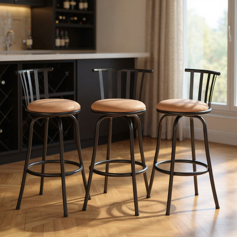 HomeRoots Set of Three Khaki and Black Suede Faux Leather and Iron Low Back Adjustable Height Swivel Bar Chairs