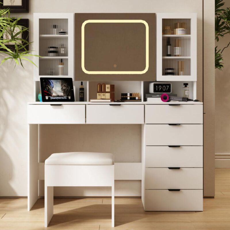 Large Vanity Table Set with LED Lighted Mirror &ndash; Elegant Makeup Desk with Ample Storage and Cushioned Stool