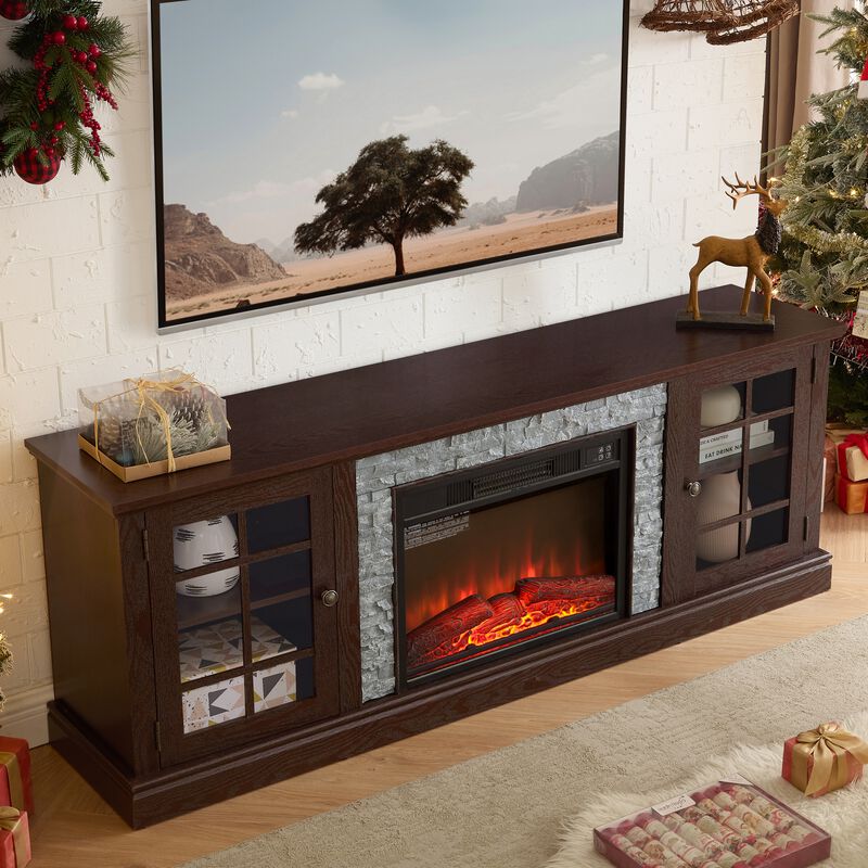 70 Inch Modern TV Stand with 23" Electric Fireplace, Faux Stone Media Console Cabinet, Entertainment Center image number 3