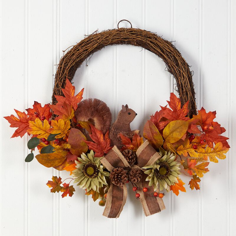 Hivvago 26" Fall Harvest Artificial Autumn Wreath with Twig Base and Bunny