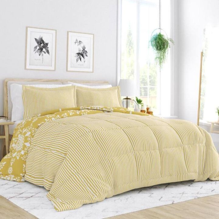Hivvago Full/Queen size 3-Piece Yellow White Reversible Floral Striped Comforter Set
