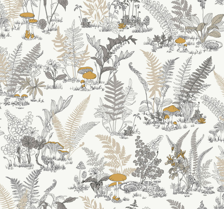 Mushroom Garden Toile Neutral & Gold Wallpaper