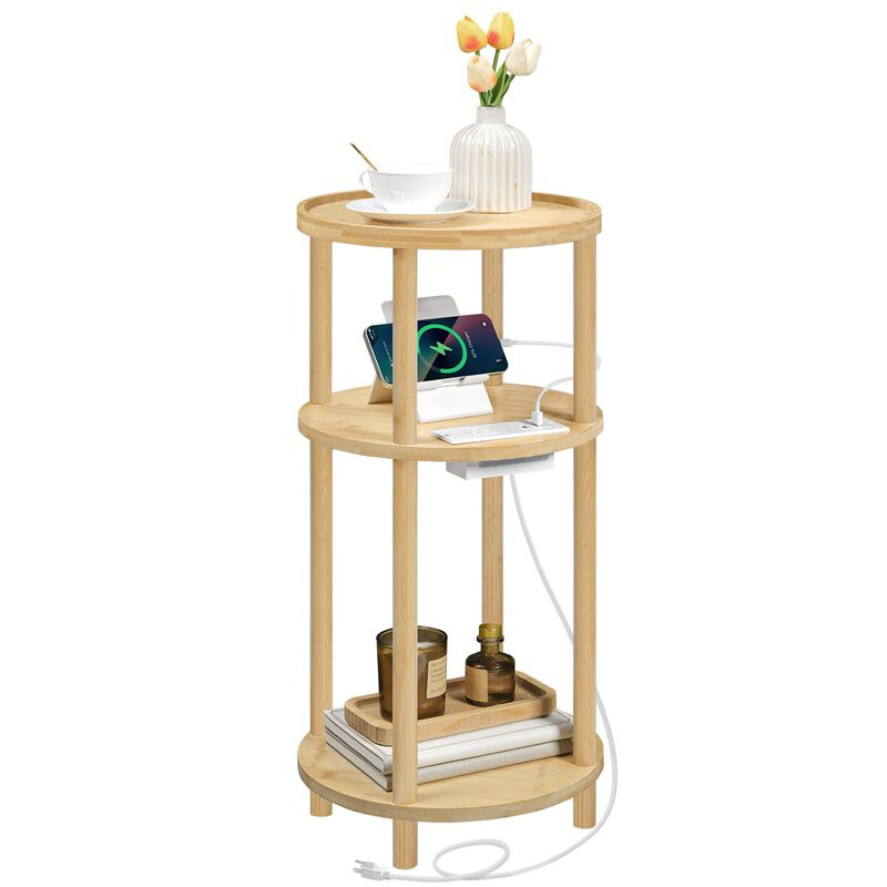 HOOBRO Small Round Side Table with Charging Station, 3-Tier Round Bamboo End Table, Compact Sofa Bedside Table for Small Space,