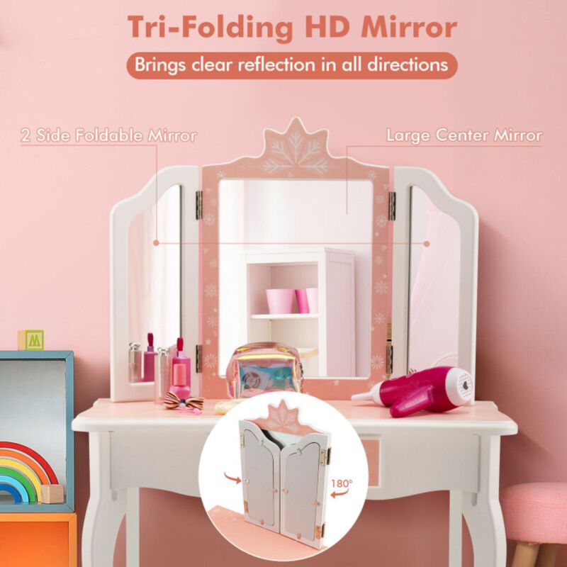 Hivvago Princess Vanity Table and Chair Set with Tri-Folding Mirror and Snowflake Print