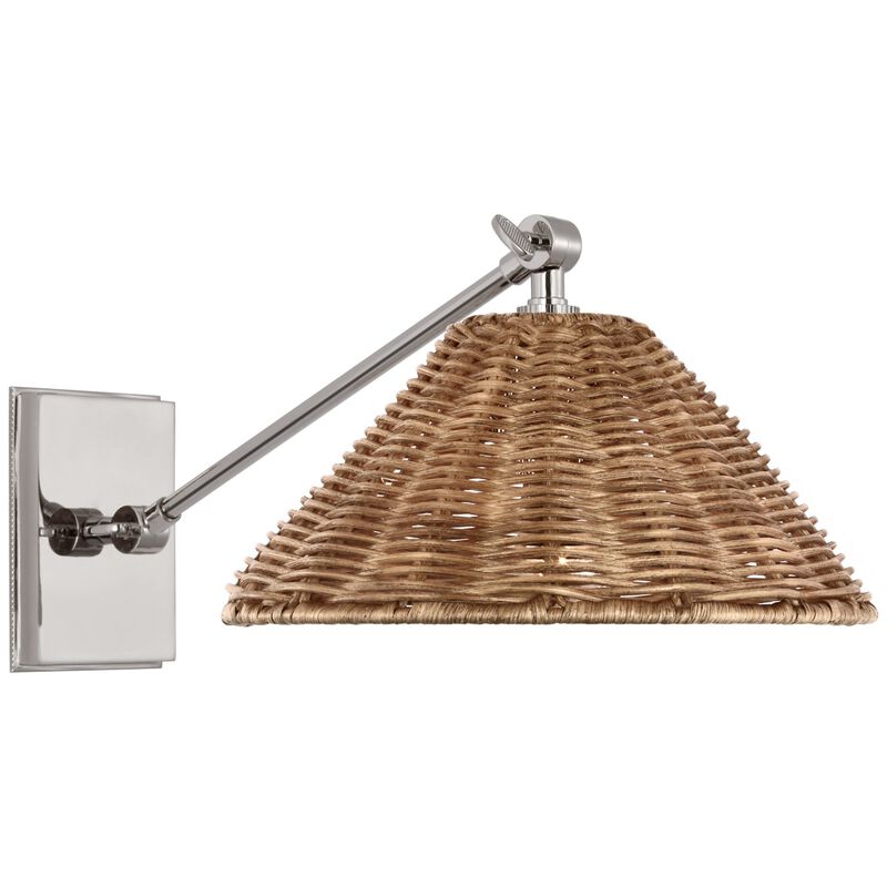 Wimberley Single Library Wall Light in Polished Nickel with Natural Wicker Shade