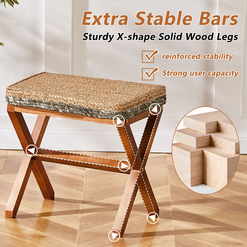 Handwoven Seagrass Ottoman, Rectangular Footrest with Sturdy X Wooden Legs For Living Room