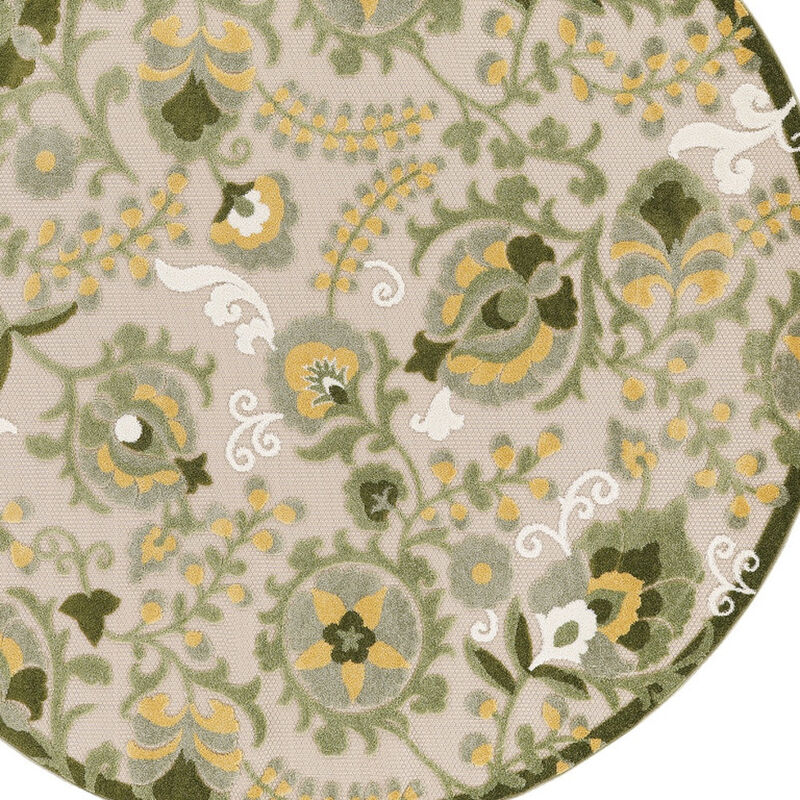 HomeRoots 5' Ivory Green Dark Green And Yellow Round Floral Indoor Outdoor Area Rug image number 2