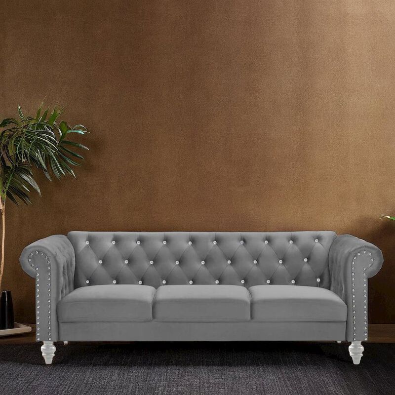 Velvet Fabric Sofa with Rolled Arms in Gray, Elegant Living Room Seating image number 5