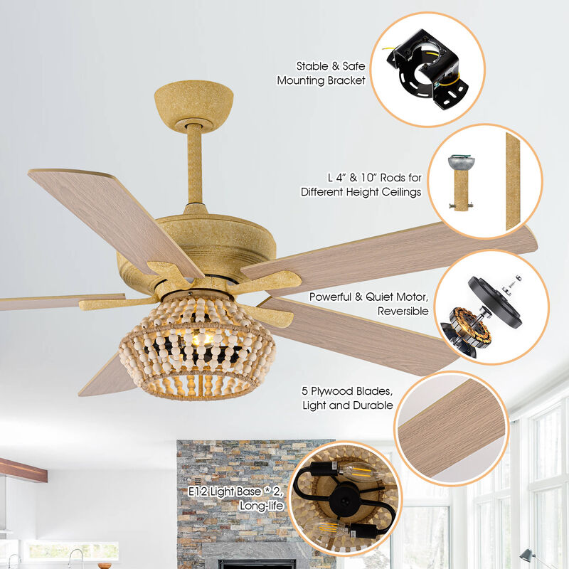 52" BohoSand Gold Cage Ceiling Fan with Remote and Light Kit