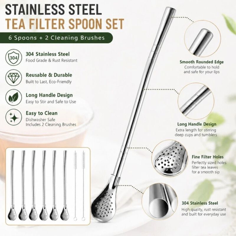 Stainless Steel Drinking Straws with Filter Spoon and Cleaning Brushes image number 2