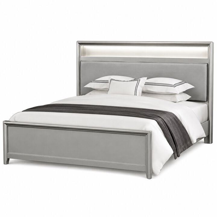 Broy 4pc Queen Bedroom Set w LED Bookcase Headboard, Mirror, Silver