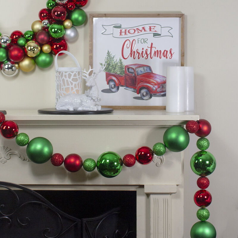 6' Red and Green 3-Finish Shatterproof Ball Christmas Garland