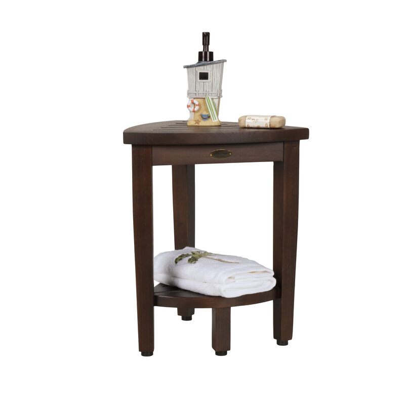 DecoTeak SnazzyCorner 15" Teak Wood Corner Shower Bench with Shelf in Woodland Brown Finish