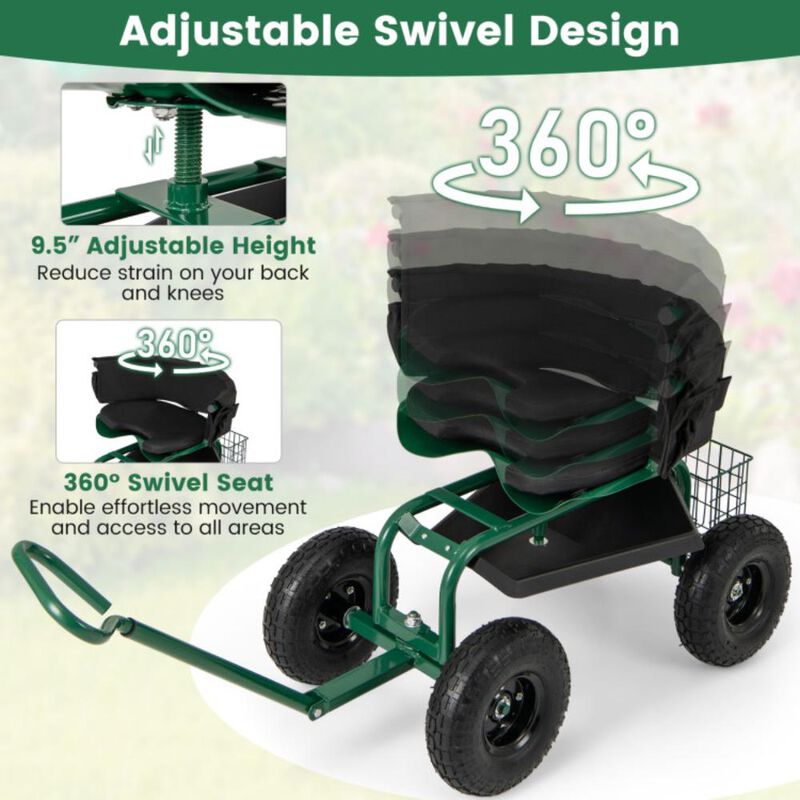 Hivvago Cushioned Rolling Garden Cart Scooter with Storage Basket and Tool Pouch