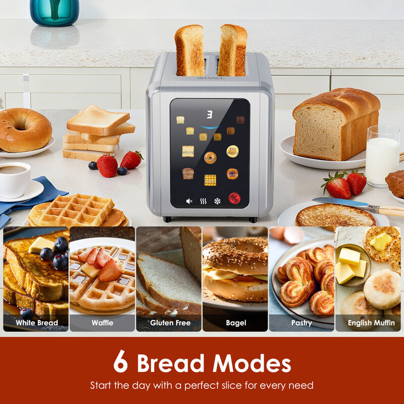 WHALLULTRA Touch Screen Toaster 2 Slice, 1.5'' Wide Slot Stainless Steel Toaster with Digital Timer, 6 Bread Types & 6 Shade Settings, Crumb Tray image number 2