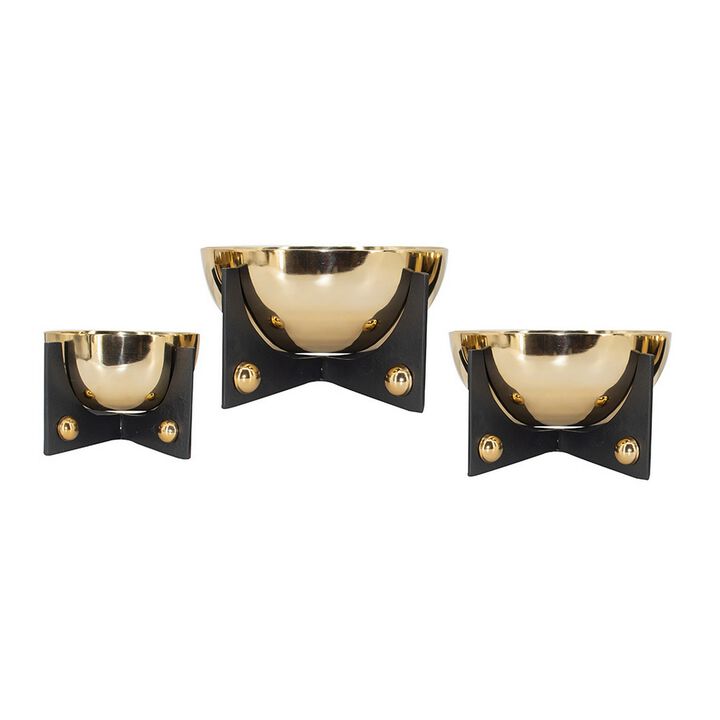 Set of 3 Aluminum Round Decorative Bowls, Gold Finish, Jet Black Stand - Benzara