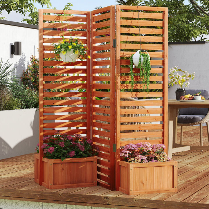 Solid Wood 3-Panel Garden Fence with 2 Planter Boxes for Outdoor Use