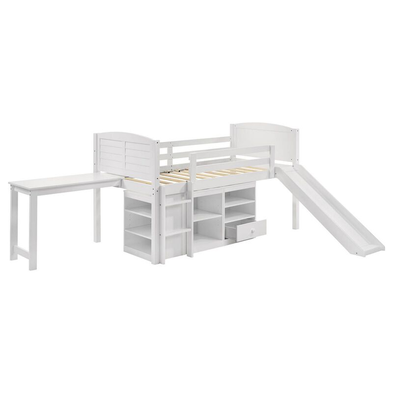 Twin Workstation Loft Bed with Open Shelves and Desk, White Wood - Benzara