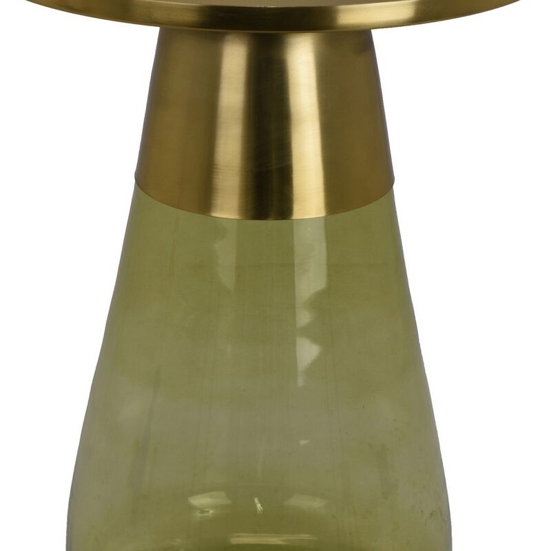 Palio Plant Stand Accent Table, Round Gold Metal, Green Glass Tapered - Benzara