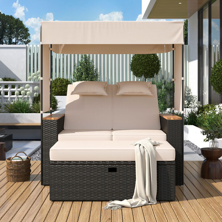 Merax Rattan Outdoor Patio Bench Lounge Roof Set Daybed Sunbed