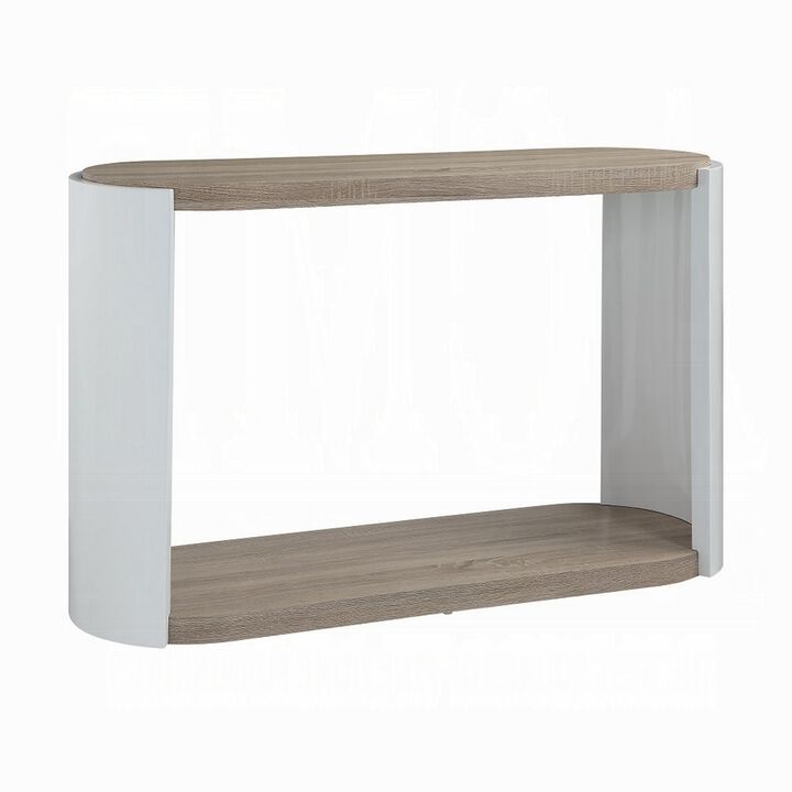 Romani Sofa Console Table, White High Gloss Wood, Brown, Oval 47 Inch