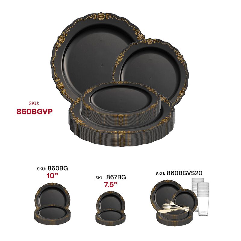 Black with Gold Vintage Rim Round Plastic Dinnerware Value Set (120 Sets) image number 6