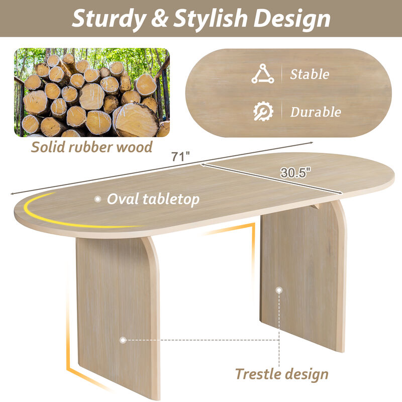Whisen 6-Piece Oval Dining Set - Rubber Wood Table with 4 Rattan Chairs & Bench, Modern Kitchen Set for 6 - Brown