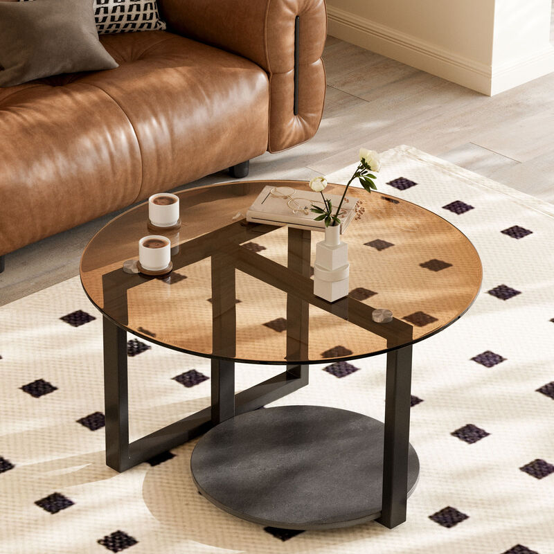 Brown Glass Coffee Table Round Abstract Tempered Glass Accent Table Furniture image number 6