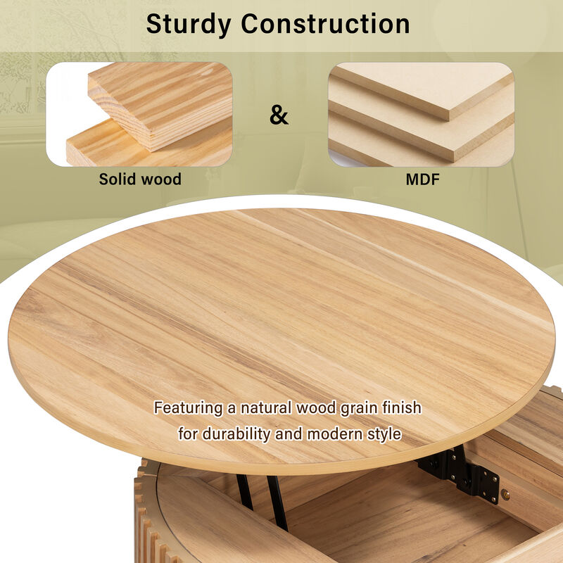 Merax Height-Adjustable Round Coffee Table with Smooth Lift Mechanism, Concealed Storage image number 5