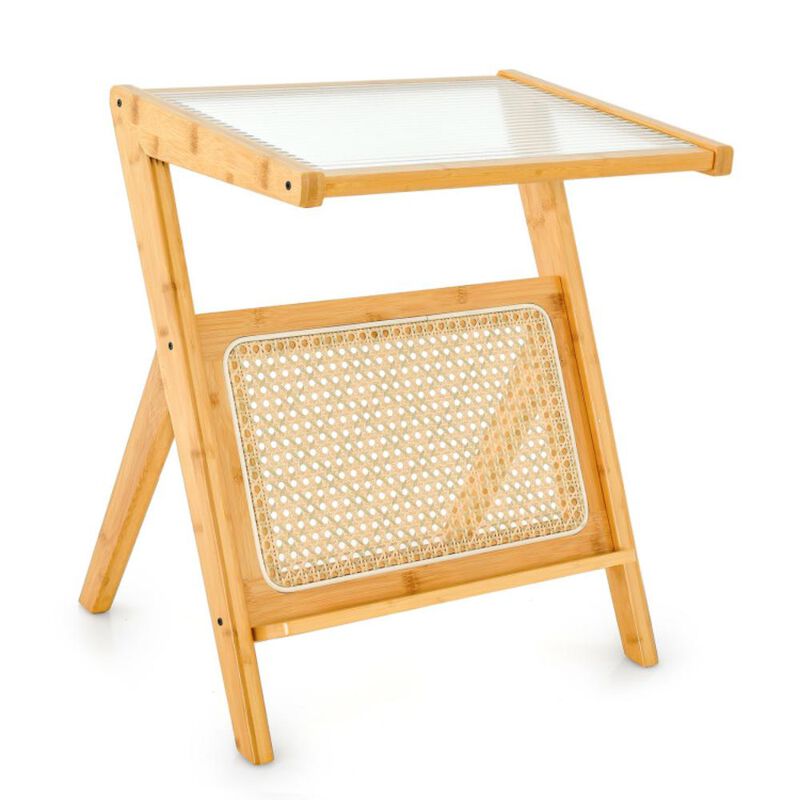 Hivvago Boho End Table with Magazine Rack and Tempered Glass Top