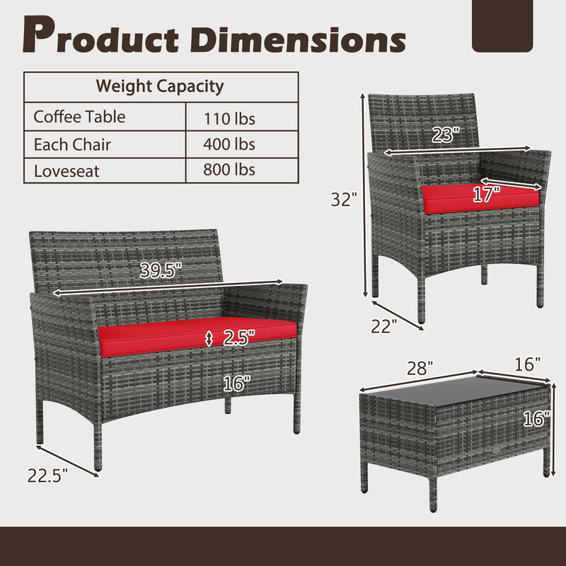 4-Piece Patio Rattan Conversation Set with Cushioned Seats and Tempered Glass Table image number 2