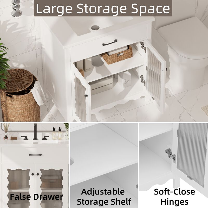 31" Modern Bathroom Cabinet with Tempered Glass, White