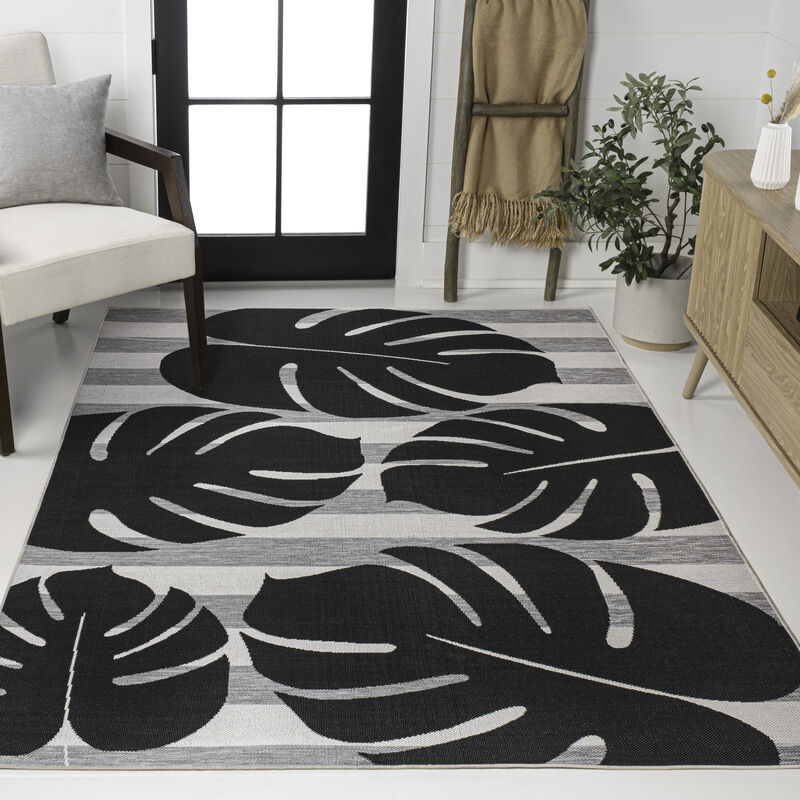 Allison Classic Beach Stripe and Monstera Leaf Indoor/Outdoor Area Rug