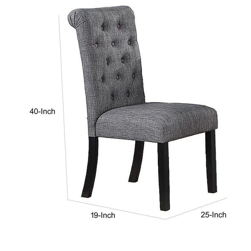 Jie 25 Inch Dining Chairs, Set of 2, Tufted Gray Upholstery, Rolled Top, Black Wood