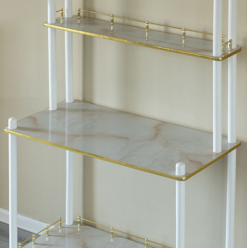 Set of 2 Pieces, Bartender Serving Display Station, Bar Console Working Counter with Open Shelves, Bar Console Island with Tier Shelves for Glass and Bottles, Wood, White