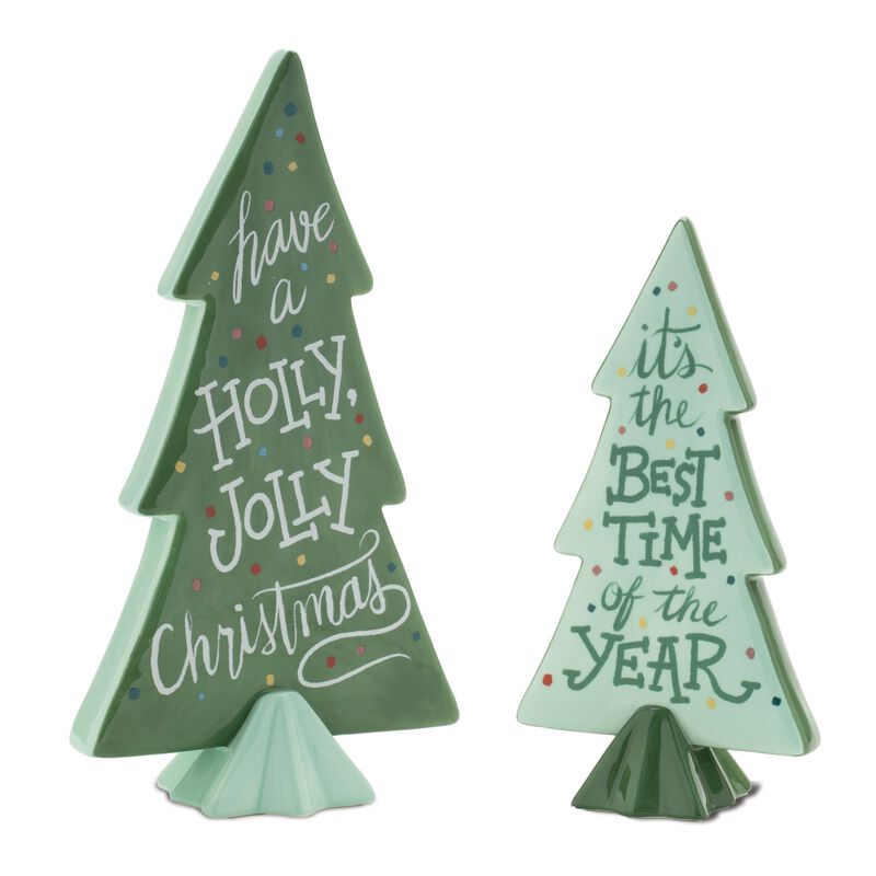 Set of 4 Ceramic Pine Trees with Christmas Sentiments for Holiday Tabletop Decor