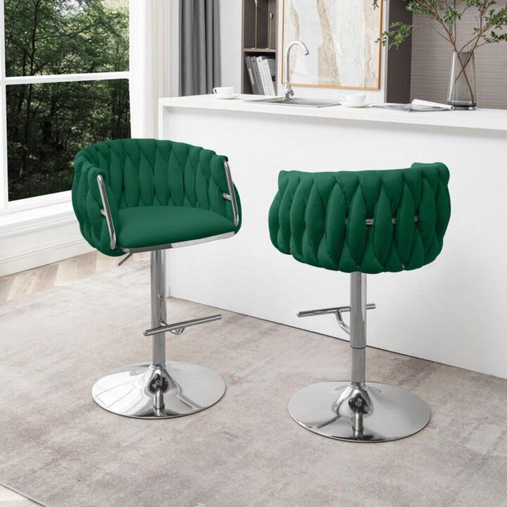 Best Quality Furniture Velvet Upholstered barstool in Emerald green with Silver color base (SET OF 2)
