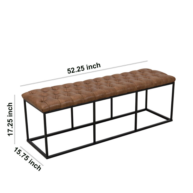 Leatherette Upholstered Bench with Button Tufted Cushioned Seat and Metal Base, Brown