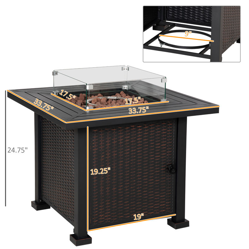 Outsunny 34 Inch Outdoor Propane Gas Fire Pit Table, 50,000 BTU Auto-Ignition Square Wicker-effect Gas Firepit with Glass Wind Guard, Lid, Lava Rocks, Steel Base, CSA Certification, Black